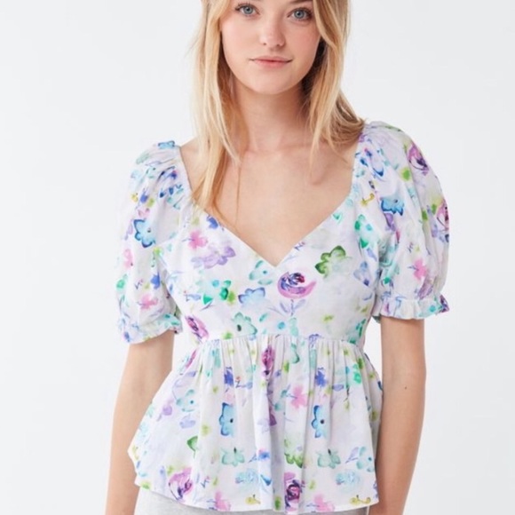 URBAN OUTFITTERS floral puff sleeve poplin top - Picture 2 of 11
